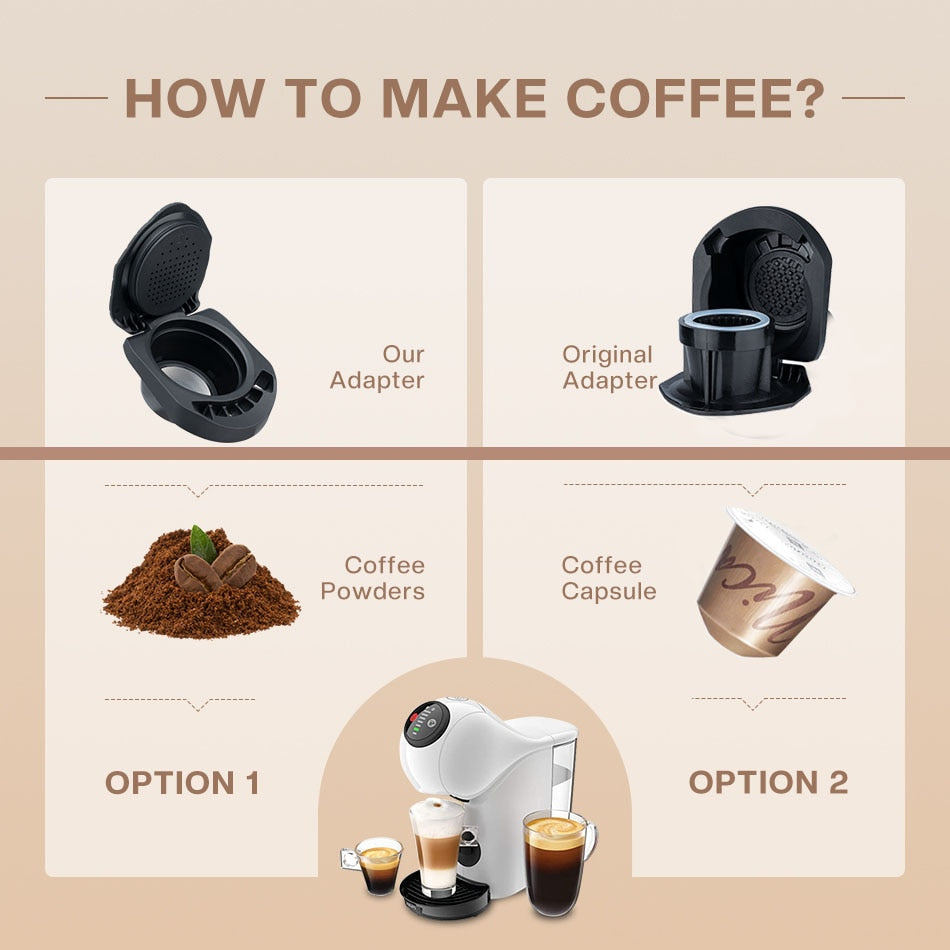 2 Coffee adaptors for Dolce Gusto NOW using coffee powder AND/OR Nespresso capsule